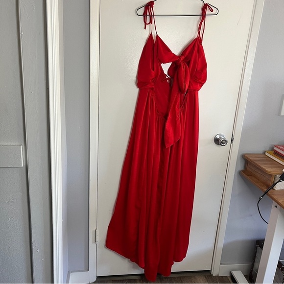 Lulu's Confidence Check Red Satin Cutout Tie Back Maxi Strappy Maxi Dress - Picture 7 of 11